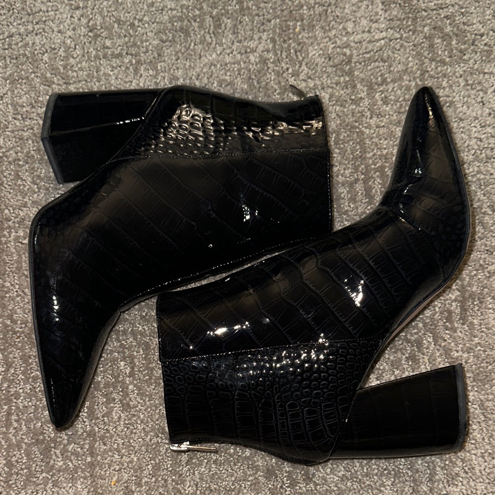 Vince Camuto Glossy Black Croc-Patterned Booties